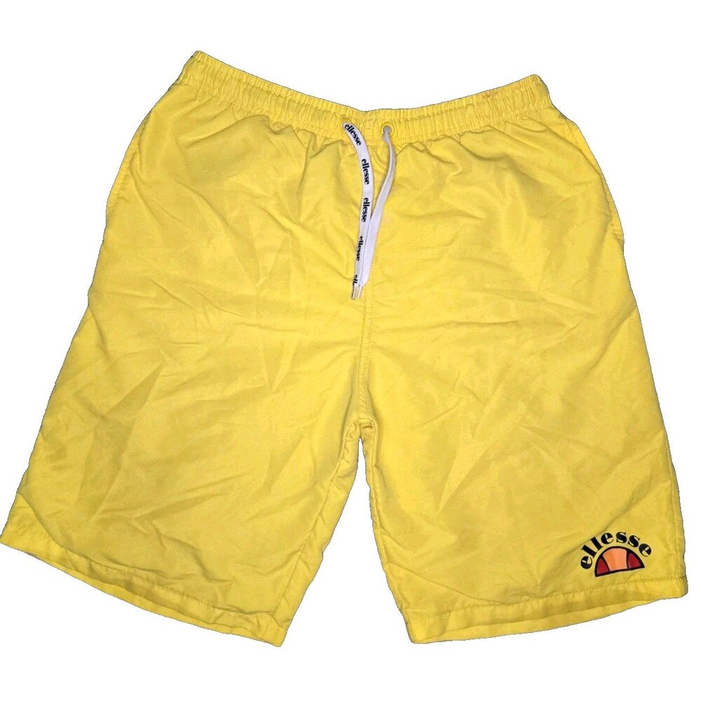 Ellesse Swim Shorts Mens Medium Yellow Logo Beach Trunks 9" Inseam